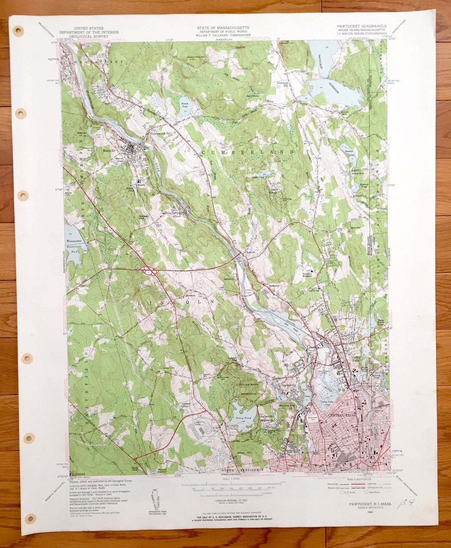 Antique Pawtucket, Rhode Island 1949 US Geological Survey Topographic Map – Cumberland, Central Falls, Lincoln, Woonsocket, Massachusetts RI