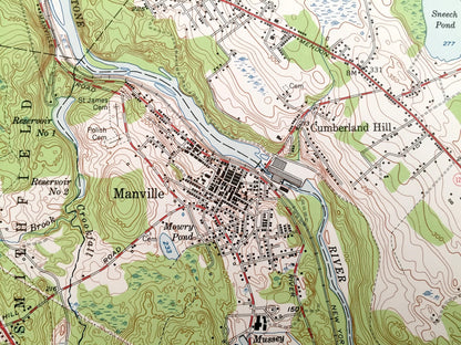 Antique Pawtucket, Rhode Island 1949 US Geological Survey Topographic Map – Cumberland, Central Falls, Lincoln, Woonsocket, Massachusetts RI