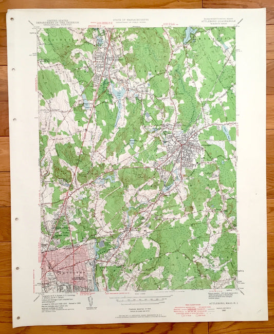 Antique Attleboro, Massachusetts 1949 US Geological Survey Topographic Map – Mansfield, Plainville, Rehoboth, Pawtauket, Rhode Island, MA RI
