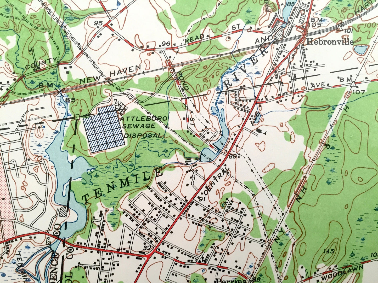 Antique Attleboro, Massachusetts 1949 US Geological Survey Topographic Map – Mansfield, Plainville, Rehoboth, Pawtauket, Rhode Island, MA RI