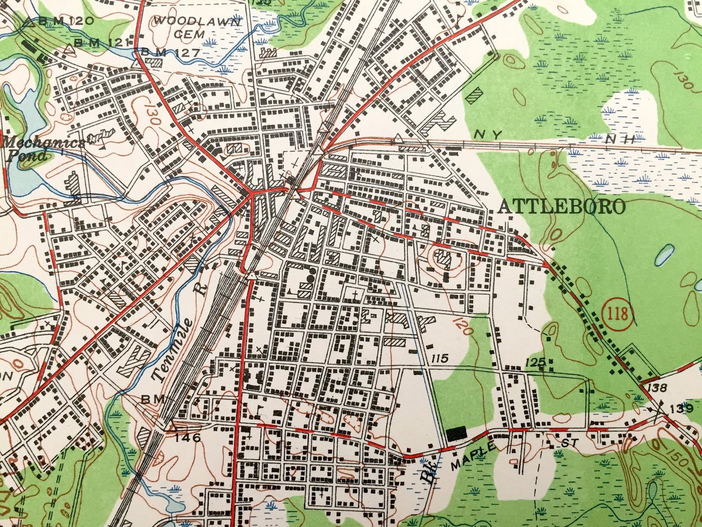 Antique Attleboro, Massachusetts 1949 US Geological Survey Topographic Map – Mansfield, Plainville, Rehoboth, Pawtauket, Rhode Island, MA RI