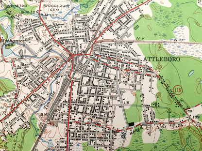 Antique Attleboro, Massachusetts 1949 US Geological Survey Topographic Map – Mansfield, Plainville, Rehoboth, Pawtauket, Rhode Island, MA RI
