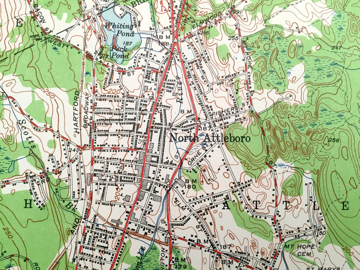 Antique Attleboro, Massachusetts 1949 US Geological Survey Topographic Map – Mansfield, Plainville, Rehoboth, Pawtauket, Rhode Island, MA RI