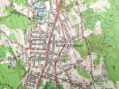 Antique Attleboro, Massachusetts 1949 US Geological Survey Topographic Map – Mansfield, Plainville, Rehoboth, Pawtauket, Rhode Island, MA RI