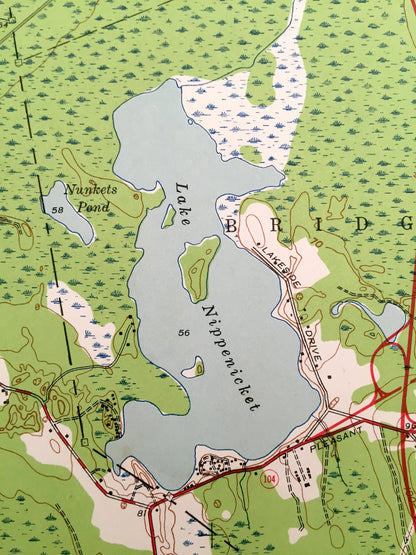 Antique Taunton, Massachusetts 1944 US Geological Survey Topographic Map – Bridgewater, Raynham, Norton, Easton, Lake Sabbatia & Nippenicket