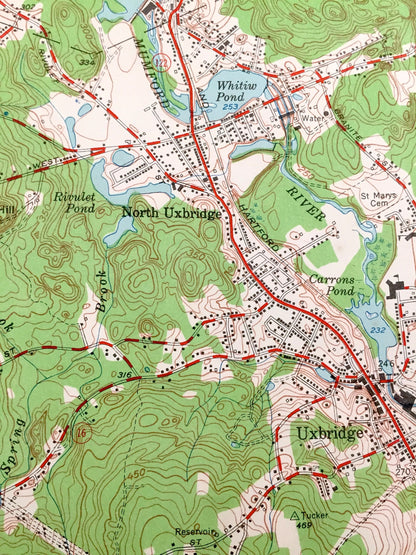 Antique Sutton, Witinsville, Uxbridge and Douglas, Massachusetts, Burrillville, Rhode Island 1953 US Geological Survey Topographic Map MA RI