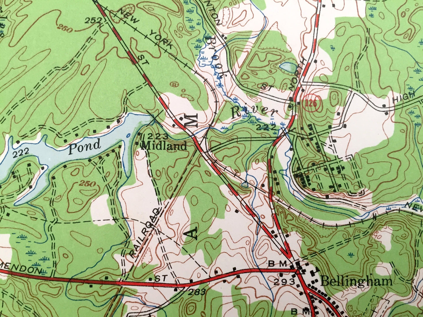 Antique Franklin, Massachusetts & Woonsocket, Rhode Island 1945 US Geological Survey Topographic Map – Bellingham, Wrentham, Woonsocket