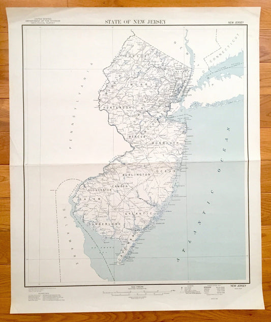 Antique New Jersey State 1948 US Geological Survey Map – Warren, Hunterdon, Somerset, Atlantic, Cape May, Ocean, Middlesex, Union, Essex, NJ
