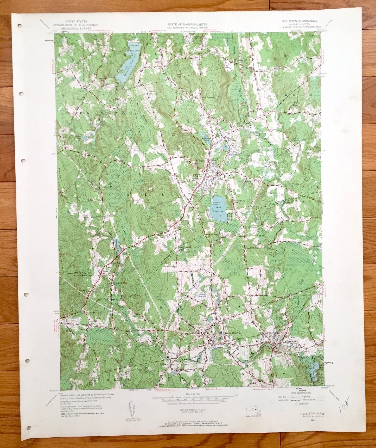 Antique Holliston, Massachusetts 1953 US Geological Survey Topographic Map – Bellingham, West Medway, Hopkinton, Sherborn Millis Franklin MA