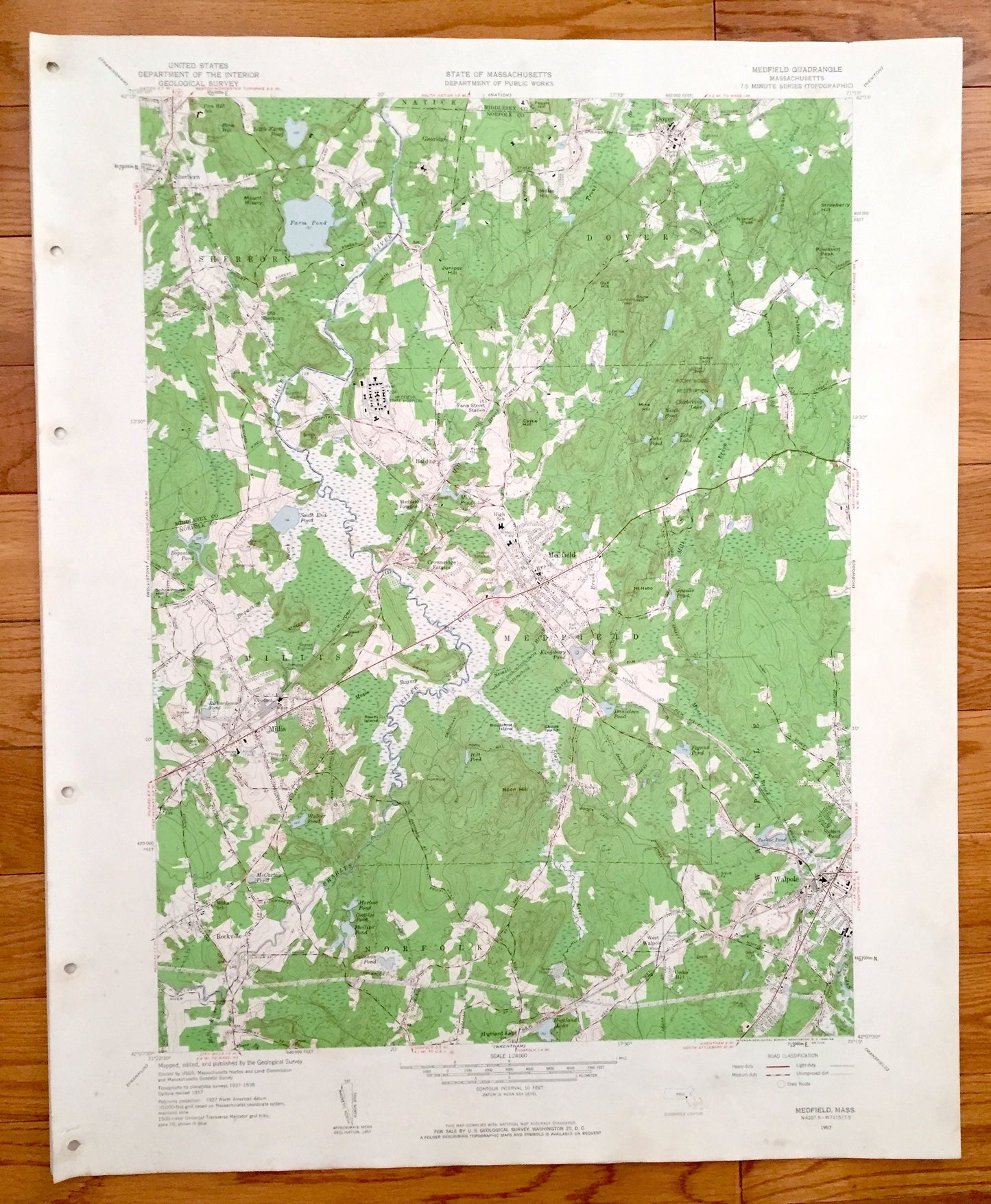 Antique Medfield, Massachusetts 1957 US Geological Survey Topographic Map – Millis, Sherborne, Walpole, Norfolk County, Walpole, Dover, MA