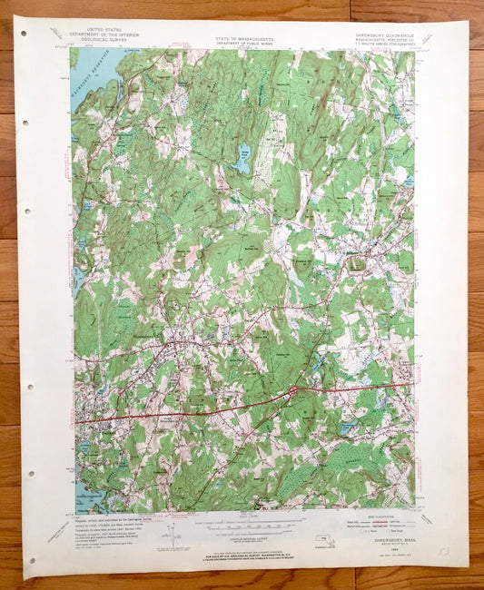 Antique Shrewsbury, Massachusetts 1953 US Geological Survey Topographic Map – Boylston, Berlin, Northborough, Westborough, Fairlawn