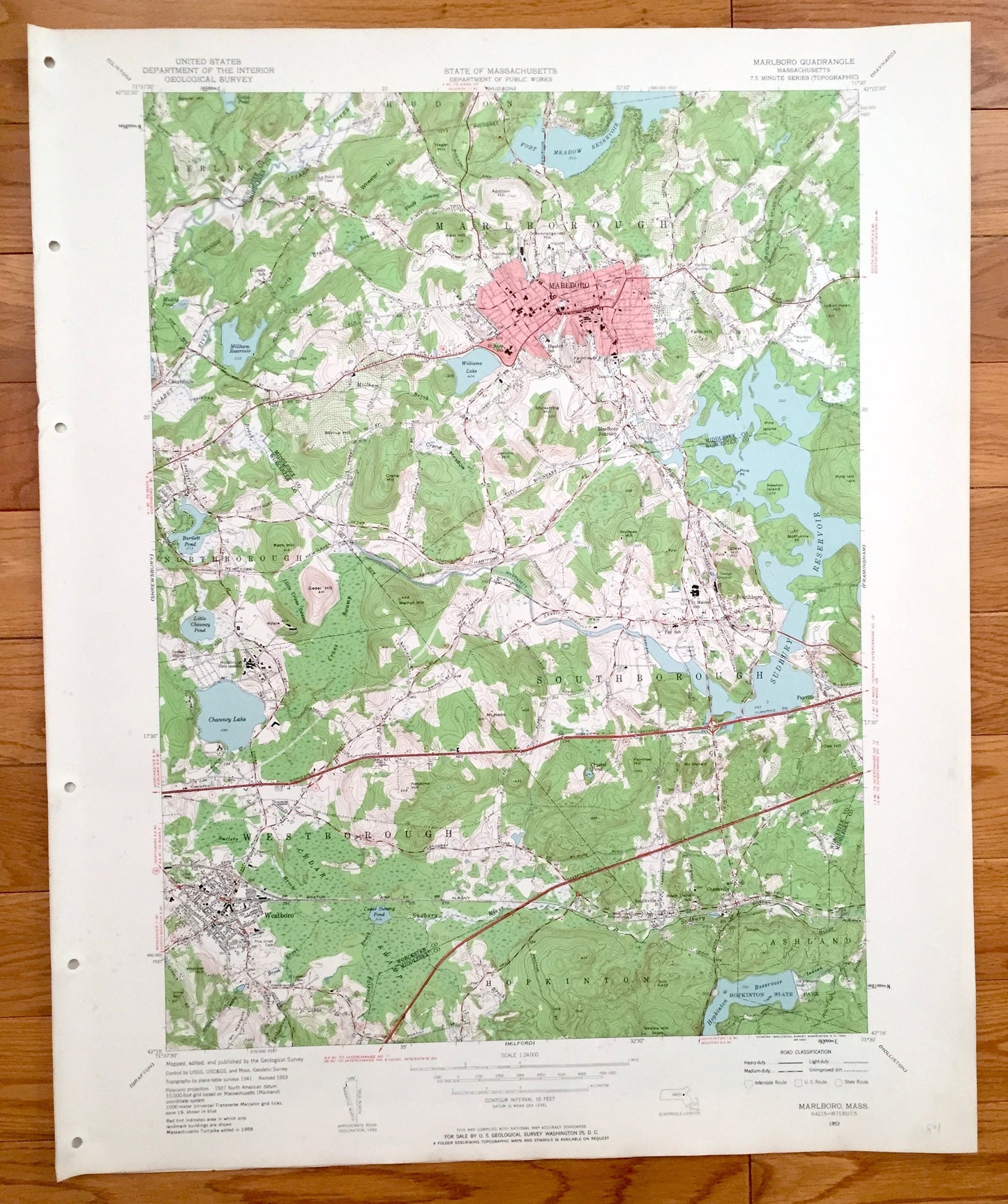 Antique Marlborough, Massachusetts 1953 US Geological Survey Topographic Map - Westborough, Northborough, Hopkinton, Ashland, Marlboro, MA