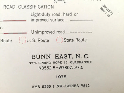 Antique Bunn, North Carolina 1978 US Geological Survey Topographic Map – Franklin, Nash County, Seven Paths, Daddysville, Lake Sagamore, NC