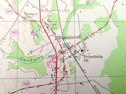 Antique Bunnlevel, North Carolina 1956 US Geological Survey Topographic Map – Senter, Harnet, Linden, Fonville, Walkertown, Harnett County