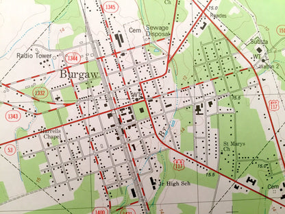 Antique Burgaw, North Carolina 1981 US Geological Survey Topographic Map – Murray Town, Van Eden, St Helena, Pender County, Cape Fear, NC