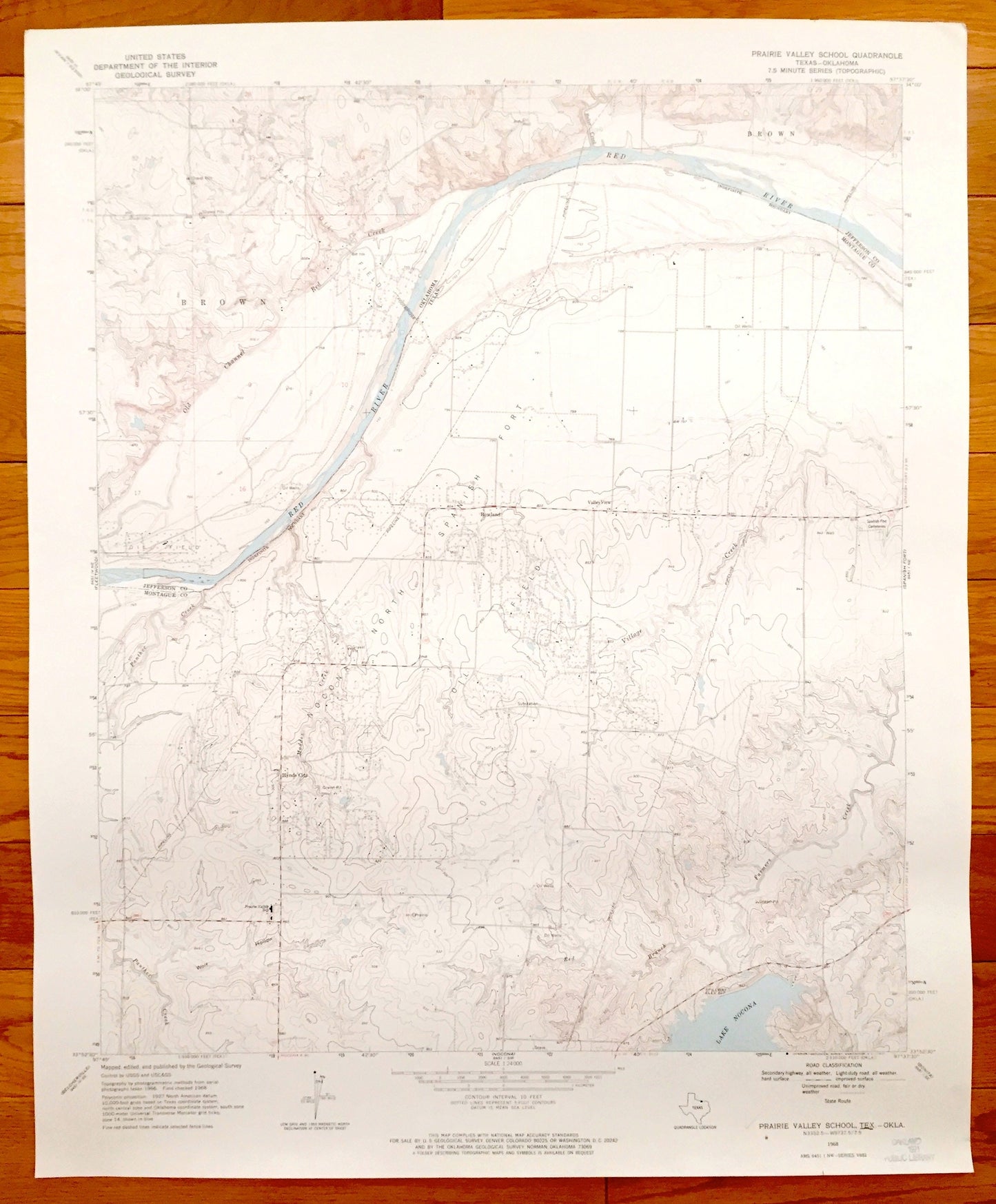 Antique Prairie Valley School, Texas & Brown, Oklahoma 1968 US Geological Survey Topographic Map – Lake Nocona, Red River Rowland,Hynds City
