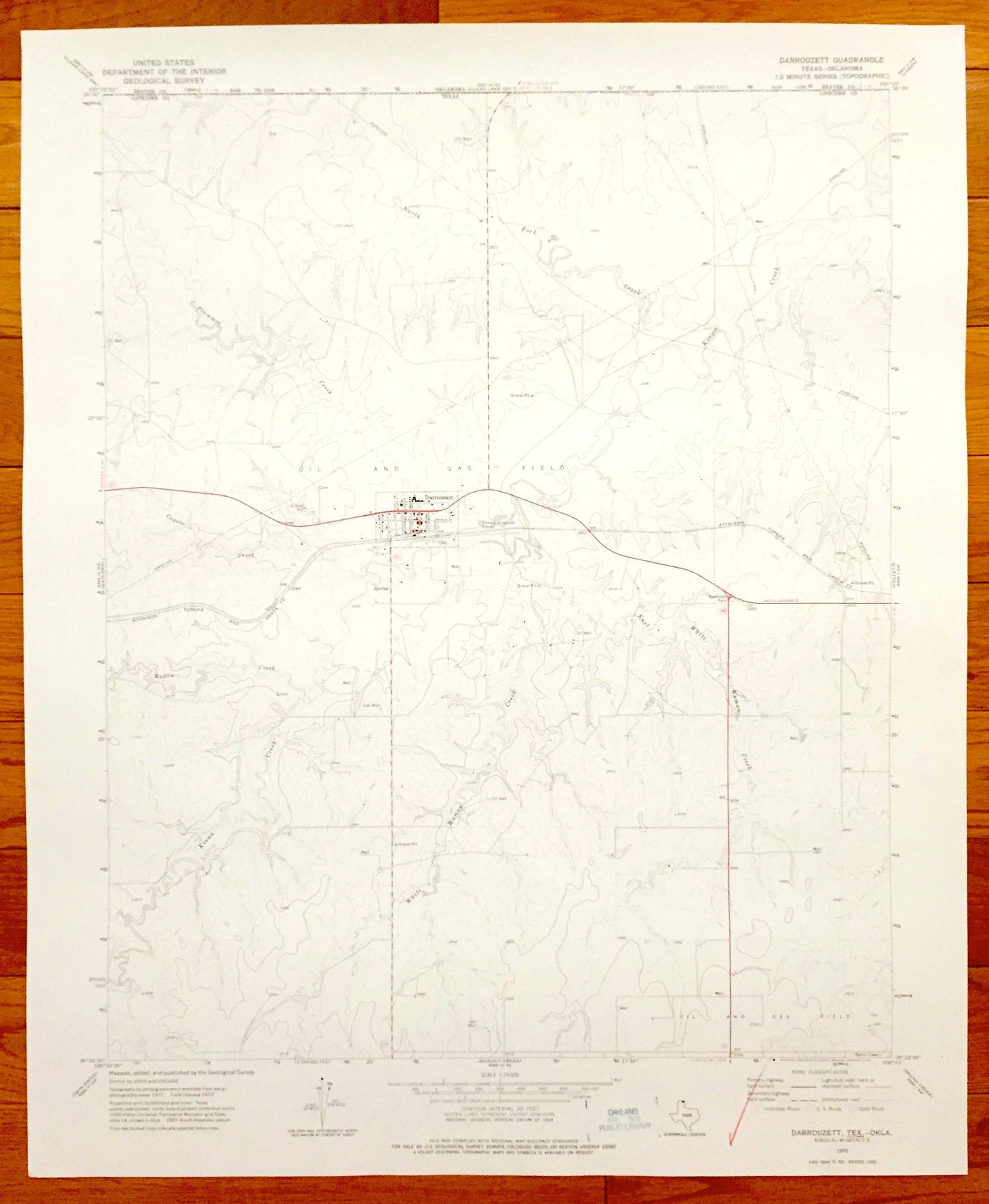 Antique Darrouzett, Texas 1972 US Geological Survey Topographic Map – Atchison Topeka and Sante Fe Railroad, Lipscomb County, Oil Fields