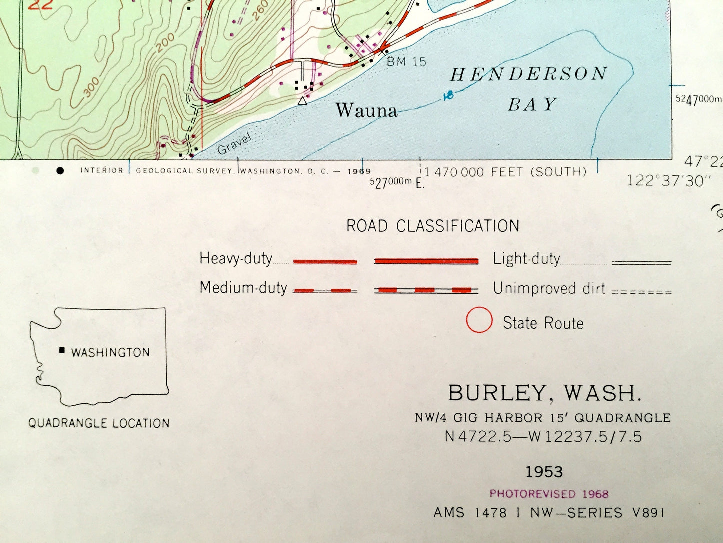 Antique Burley, Washington 1953 US Geological Survey Topographic Map – Kitsap Co, Pierce Co, Bethel, Wauna, Purdy, Horseshoe Lake