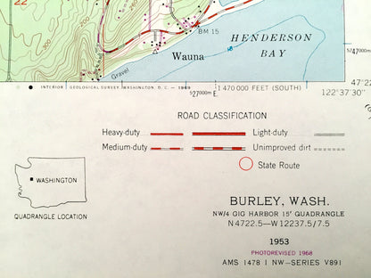 Antique Burley, Washington 1953 US Geological Survey Topographic Map – Kitsap Co, Pierce Co, Bethel, Wauna, Purdy, Horseshoe Lake