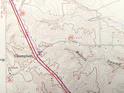 Antique Champlain, Virginia 1968 US Geological Survey Topographic Map – Oak Row, Layton, Leedstown, Horners, Foneswood, Rappahannock River