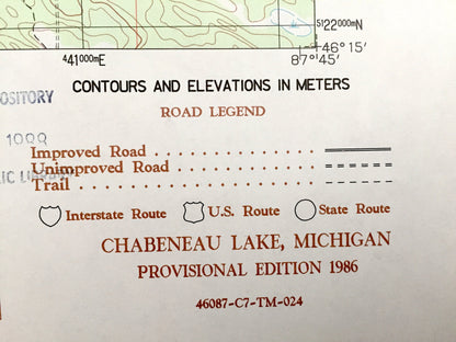 Antique Chabeneau Lake, Michigan 1986 US Geological Survey Topographic Map – Escanaba River State Forest, Ely, Humboldt Little Perch Lake MI