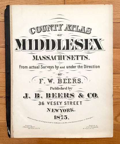 Antique 1875 Middlesex County, Massachusetts Atlas Title Page from J.B. Beers & Company - Lowell, Chelmsford, Newton, Burlington, Somerville