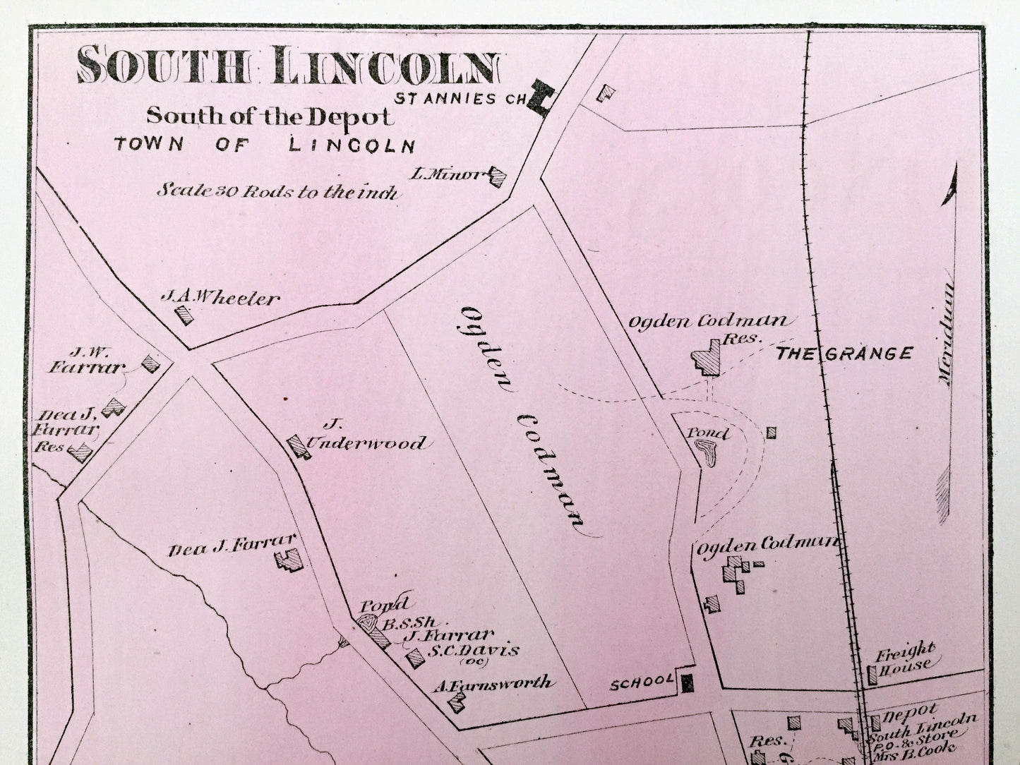 Antique 1875 Lincoln & Sudbury, Massachusetts Map from J.B. Beers Atlas of Middlesex County – South Lincoln, The Grange, MA