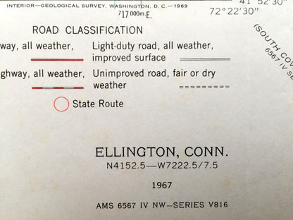 Antique Ellington, Connecticut 1967 US Geological Survey Topographic Map – Stafford, Somers, Tolland, Crystal Lake, Somersville, Enfield, CT