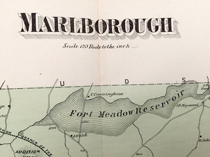 Antique 1875 Marlborough, Massachusetts Map from J.B. Beers Atlas of Middlesex County – Assabet River, Fort Meadow Reservoir, Williams Lake