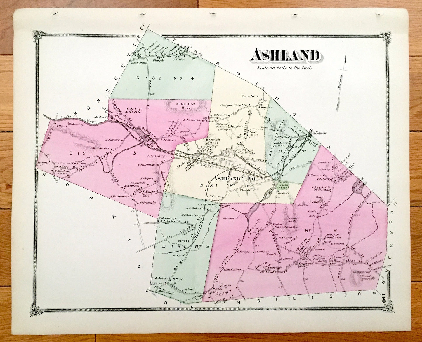 Antique 1875 Ashland, Massachusetts Map from J.B. Beers Atlas of Middlesex County – Sudbury River, Wild Cat Hill, Cold Spring Brook, Shakum