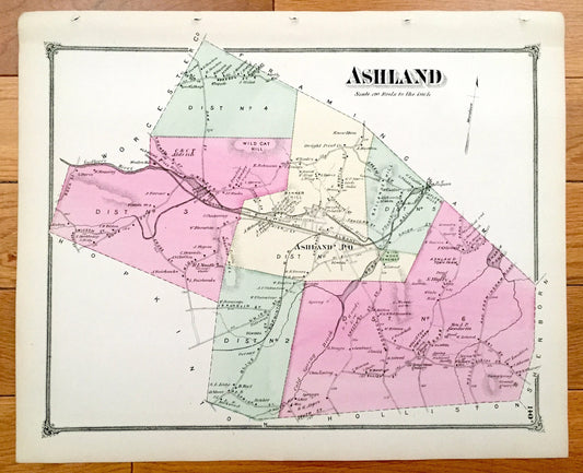 Antique 1875 Ashland, Massachusetts Map from J.B. Beers Atlas of Middlesex County – Sudbury River, Wild Cat Hill, Cold Spring Brook, Shakum