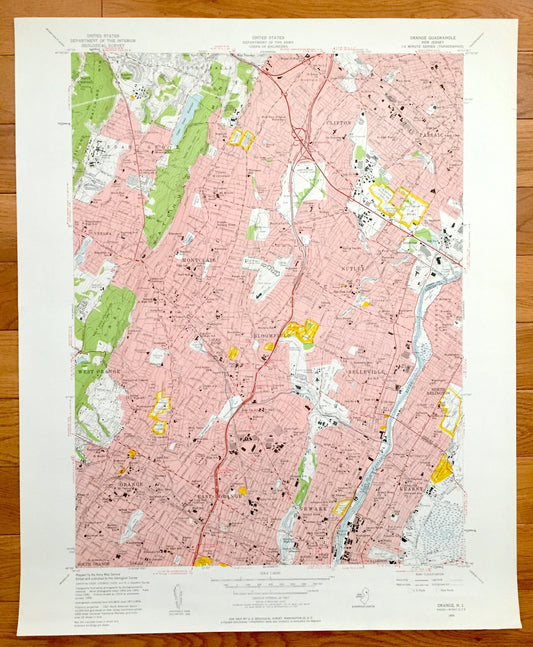 Antique Orange, New Jersey 1955 US Geological Survey Topographic Map – Montclair, Bloomfield, Newark, Passaic, Clifton Cedar Grove Kearny NJ
