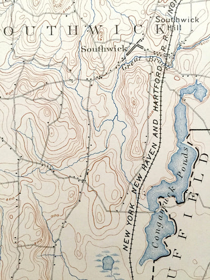 Antique Granville, Massachusetts 1895 US Geological Survey Topographic Map – Montgomery, Blanford, Westfield & Hartland, Granby, Connecticut