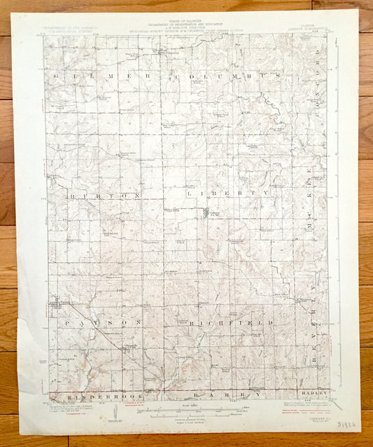 Antique Liberty, Illinois 1927 US Geological Survey Topographic Map – Gilmer, Columbus, Burton, McKee, Payson, Plainville, Richfield Beverly