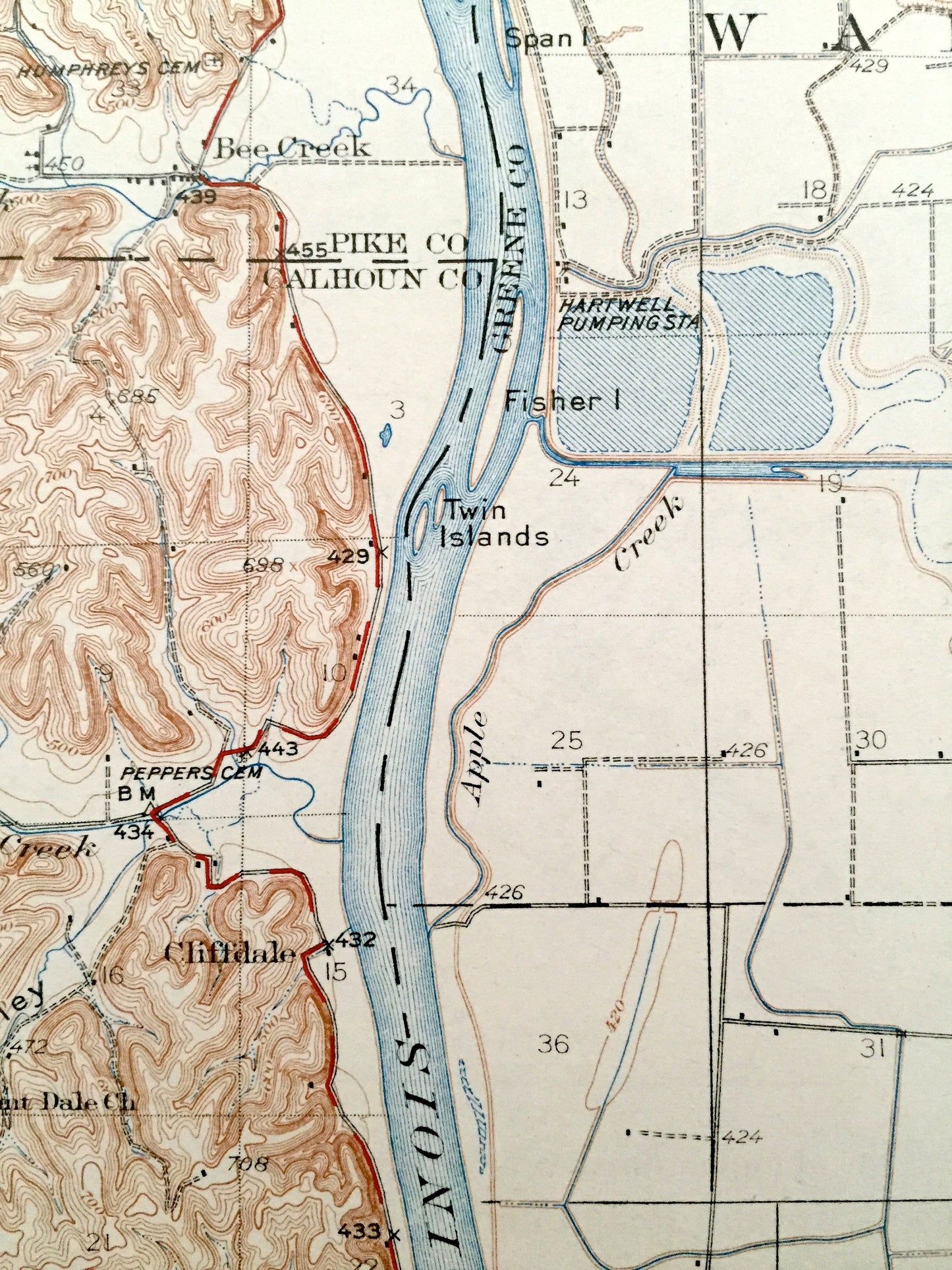 Antique Pearl, Illinois 1930 US Geological Survey Topographic Map – Pike, Calhoun, Greene County, Kampsville, Eldred, Hillview, Bluffdale IL