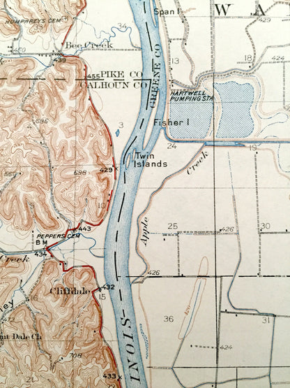 Antique Pearl, Illinois 1930 US Geological Survey Topographic Map – Pike, Calhoun, Greene County, Kampsville, Eldred, Hillview, Bluffdale IL