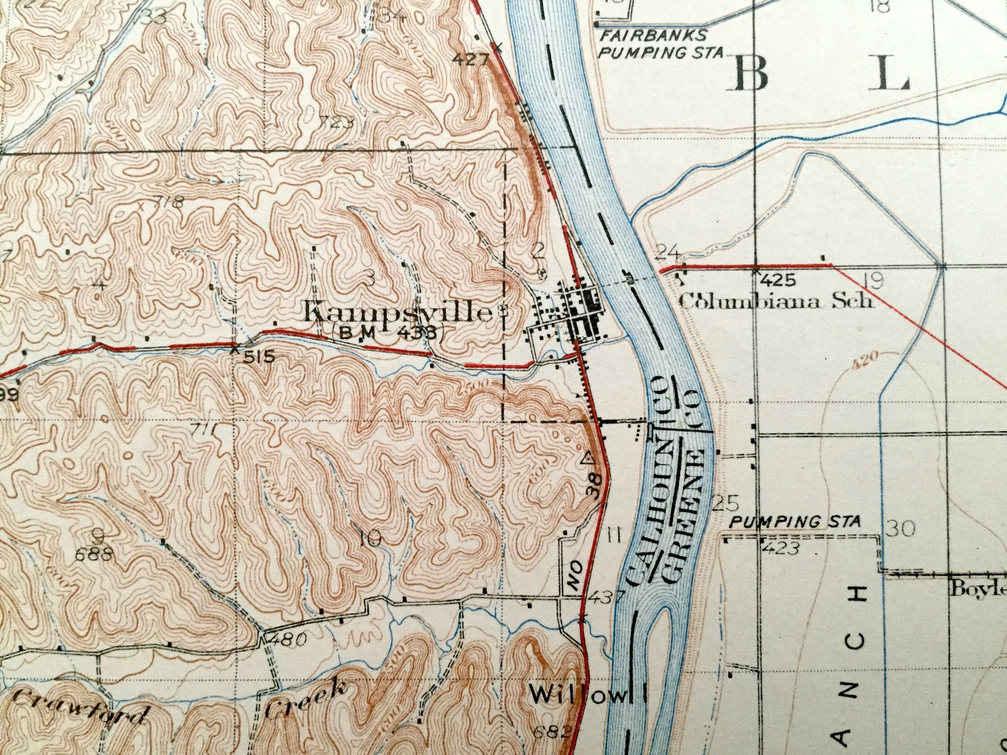 Antique Pearl, Illinois 1930 US Geological Survey Topographic Map – Pike, Calhoun, Greene County, Kampsville, Eldred, Hillview, Bluffdale IL