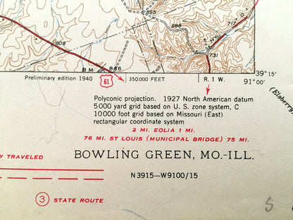 Antique Bowling Green, Missouri 1937 US Geological Survey Topographic Map – Pike County, Louisiana, Peno, Buffalo, Calumet, Ahsley Cuivre MO