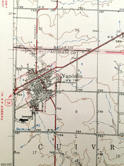 Antique Vandalia, Missouri 1945 US Geological Survey Topographic Map – Frankford, Curryville, Spencer, Pike, Ralls, Audrain County MO
