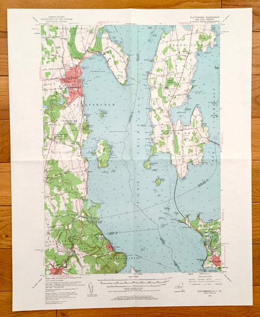 Antique Plattsburgh, New York & South Hero Island, Vermont 1956 US Geological Survey Topographic Map – Burlington, Lake Champlain, Port Kent