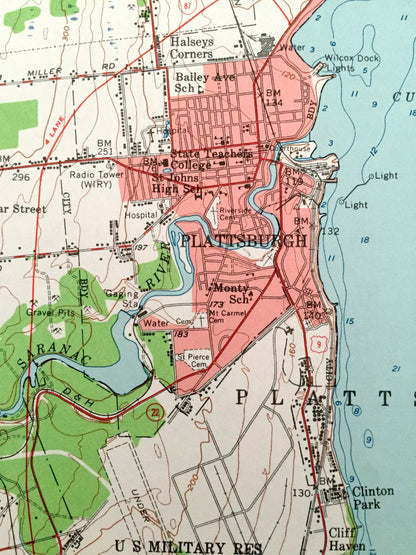 Antique Plattsburgh, New York & South Hero Island, Vermont 1956 US Geological Survey Topographic Map – Burlington, Lake Champlain, Port Kent