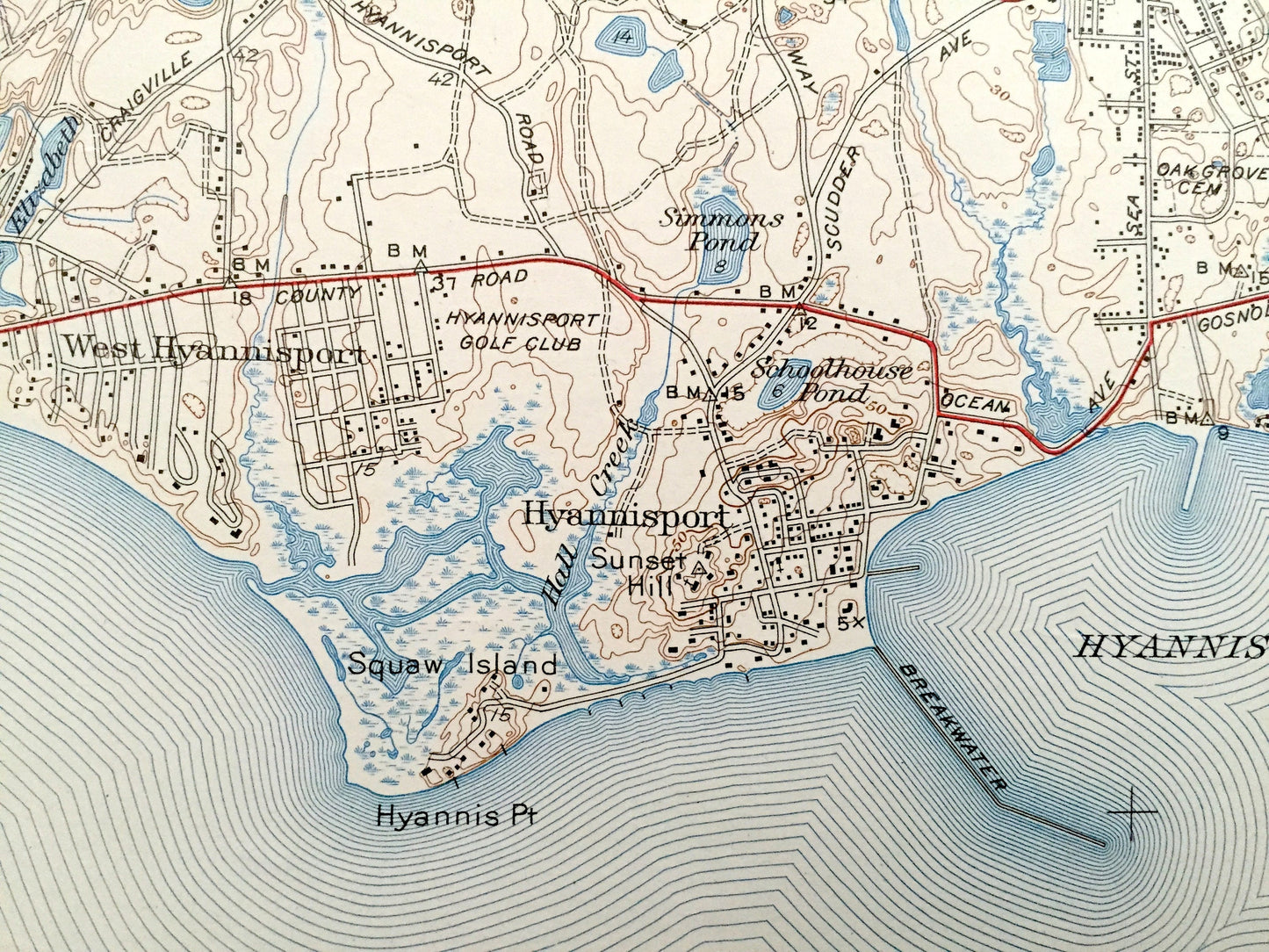Antique Hyannis, Massachusetts 1942 US Geological Survey Topographic Map – Cape Cod, Hyannisport, Barnstable, Yarmouth, Pond Village, MA