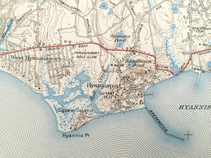 Antique Hyannis, Massachusetts 1942 US Geological Survey Topographic Map – Cape Cod, Hyannisport, Barnstable, Yarmouth, Pond Village, MA