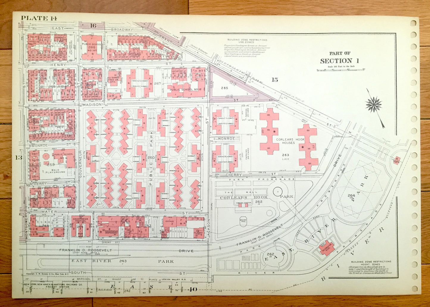 Antique Manhattan, New York Map from Bromley's 1955 Manhattan Land Book – Lower East Side, Two Bridges, Laguardia & Corlears Hook Houses NYC