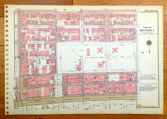 Antique Manhattan, New York Map from Bromley's 1955 Manhattan Land Book – Lower East Side, Two Bridges, Laguardia & Corlears Hook Houses NYC