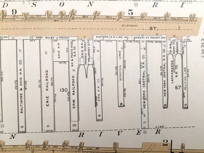 Antique Manhattan, New York Map from Bromley's 1955 Manhattan Land Book – Hudson, East River Piers, Chelsea, Battery Park, Downtown, NYC