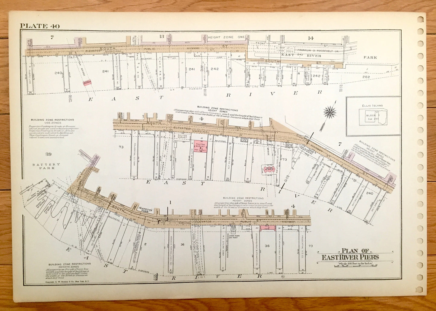 Antique Manhattan, New York Map from Bromley's 1955 Manhattan Land Book – Hudson, East River Piers, Chelsea, Battery Park, Downtown, NYC
