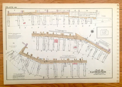 Antique Manhattan, New York Map from Bromley's 1955 Manhattan Land Book – Hudson, East River Piers, Chelsea, Battery Park, Downtown, NYC