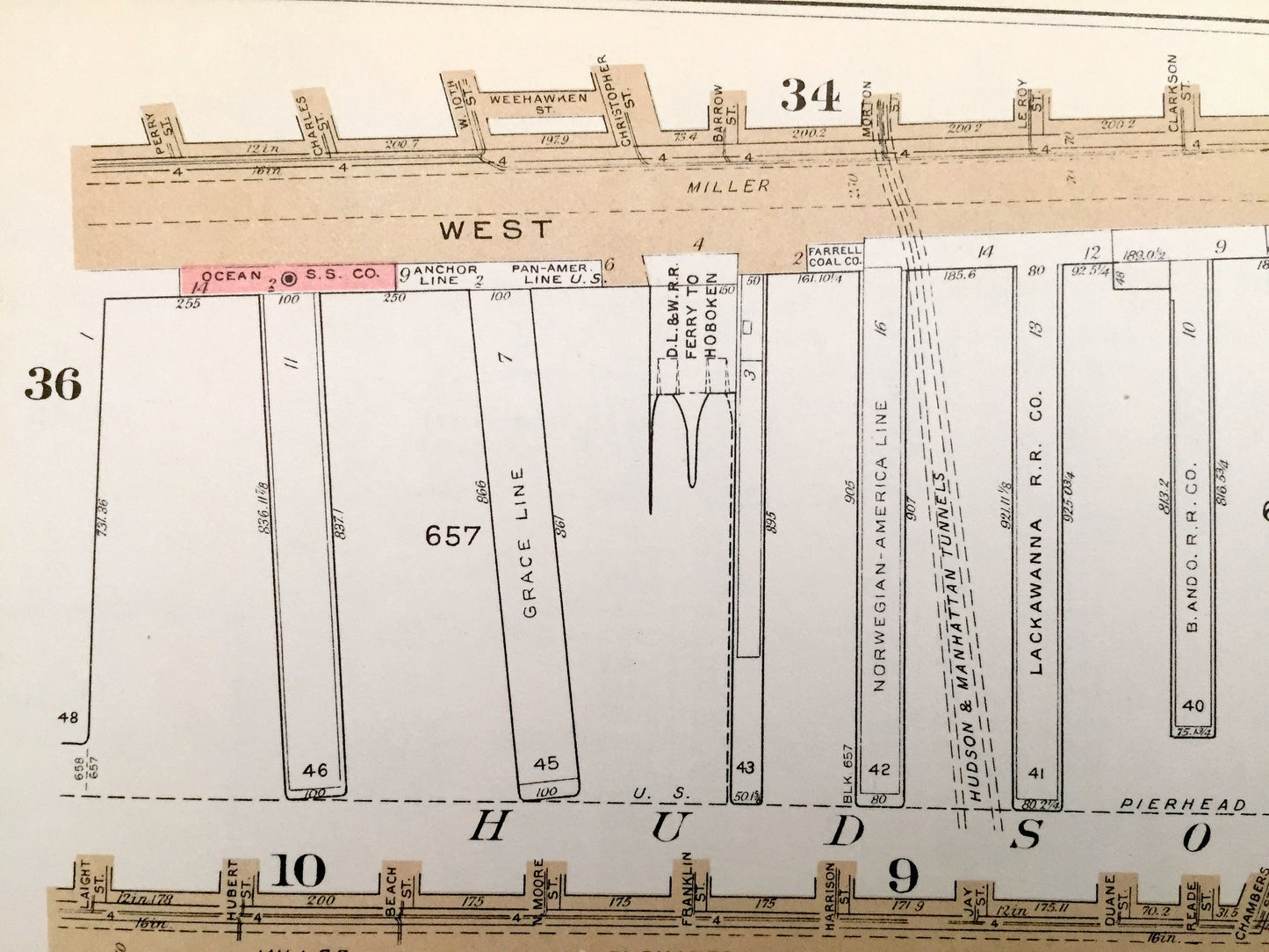 Antique Manhattan, New York Map from Bromley's 1955 Manhattan Land Book – Hudson, East River Piers, Chelsea, Battery Park, Downtown, NYC