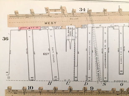 Antique Manhattan, New York Map from Bromley's 1955 Manhattan Land Book – Hudson, East River Piers, Chelsea, Battery Park, Downtown, NYC